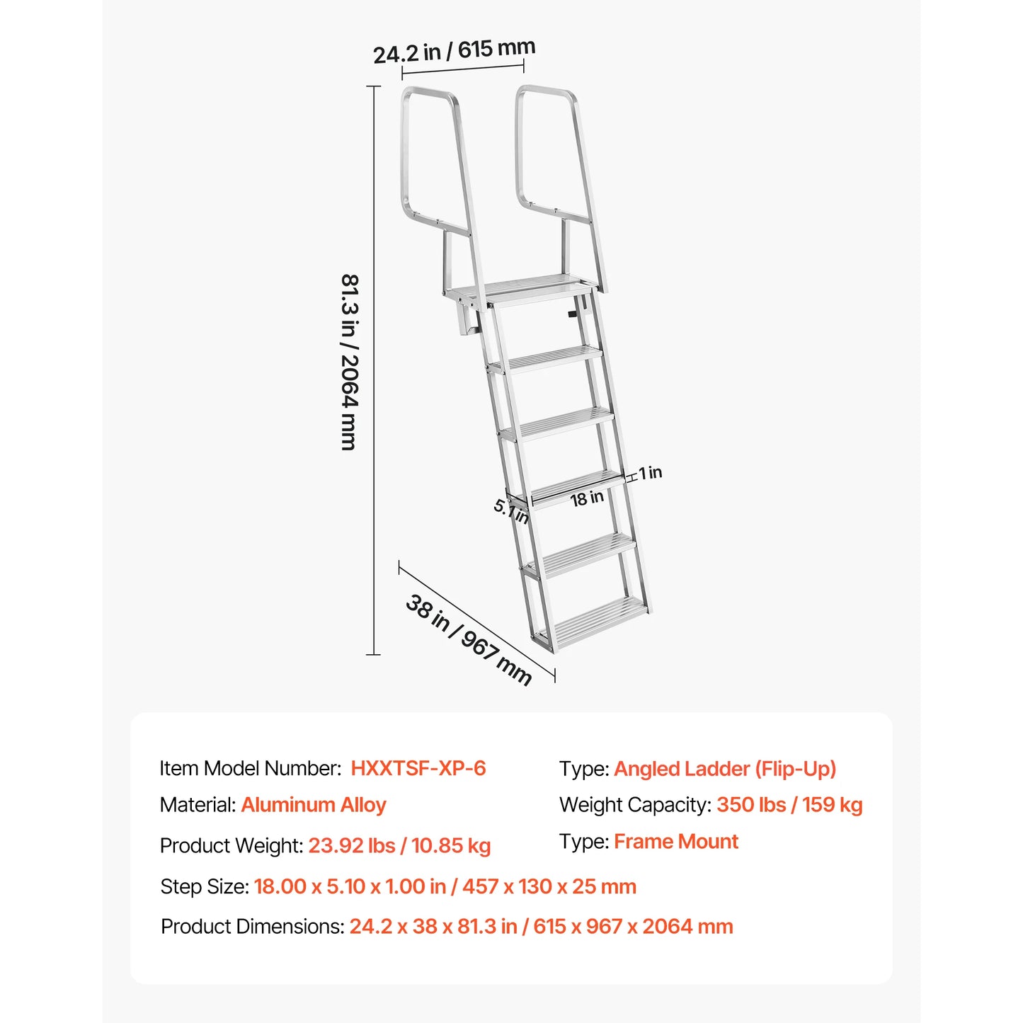 SucceBuy 4/5/6-Step Flip-Up Dock Ladder 350 lbs Aluminum Alloy Pontoon Boat Swim Ladder with Non-Slip Steps for Marine Boarding
