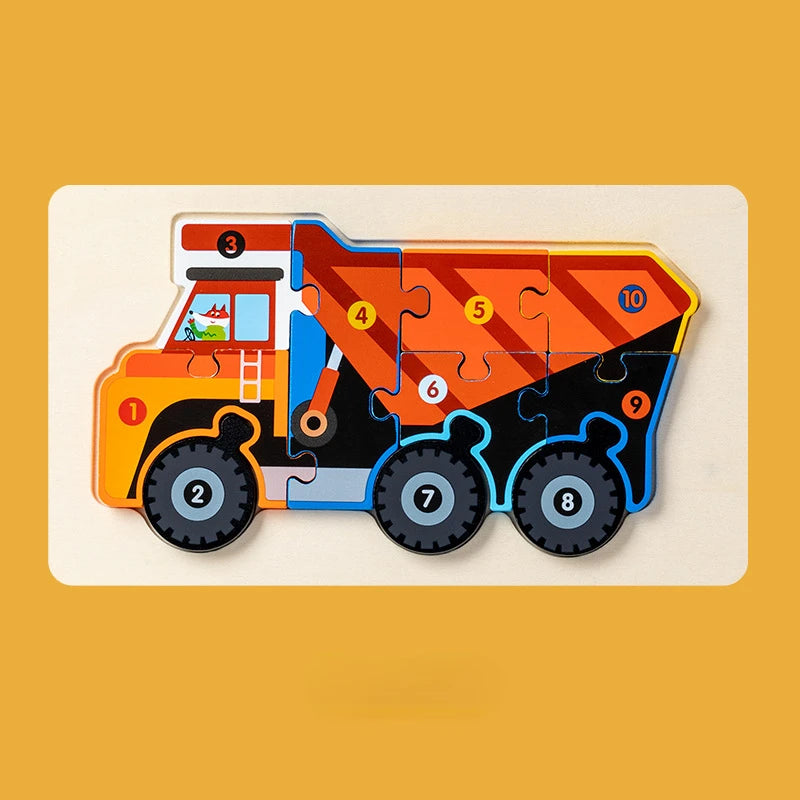 Children Montessori Wooden Puzzle Baby 3D Engineering Vehicle Jigsaw Early Education Matching Cognitive Puzzles Toys for Kids