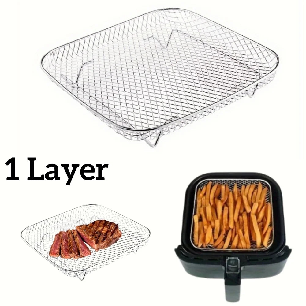 1/3Layer Stainless Steel Air Fryer Accessories Stackable BBQ Grill Rack Food Frying Basket Multipurpose for Baking Cooking Tool