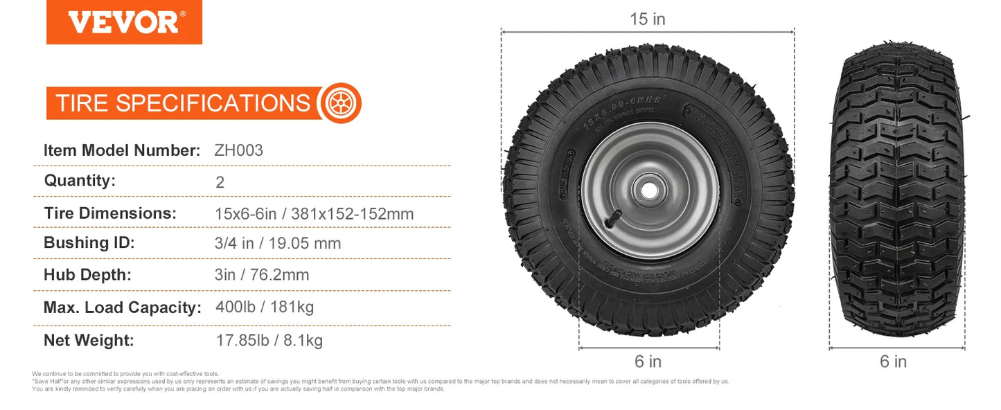 SucceBuy Lawn Mower Tires with Rim Tubeless Tractor Tires 2Pack Tire Wheel Assembly Pneumatic Tires for Riding Mower LawnTractor