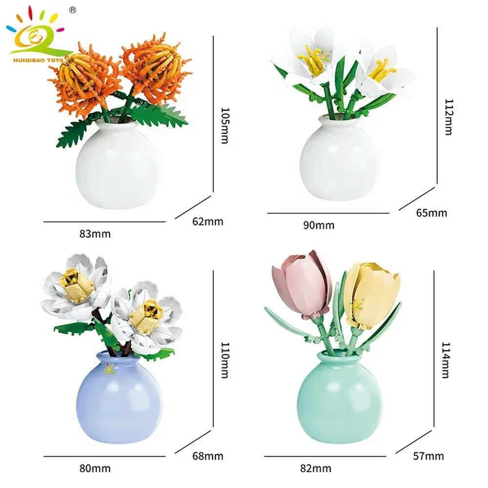 HUIQIBAO MOC Flower with Vase Model Building Block DIY Eternal Bouquet Home Desk Desk Plant Decor Brick Girl Gift Children Toy