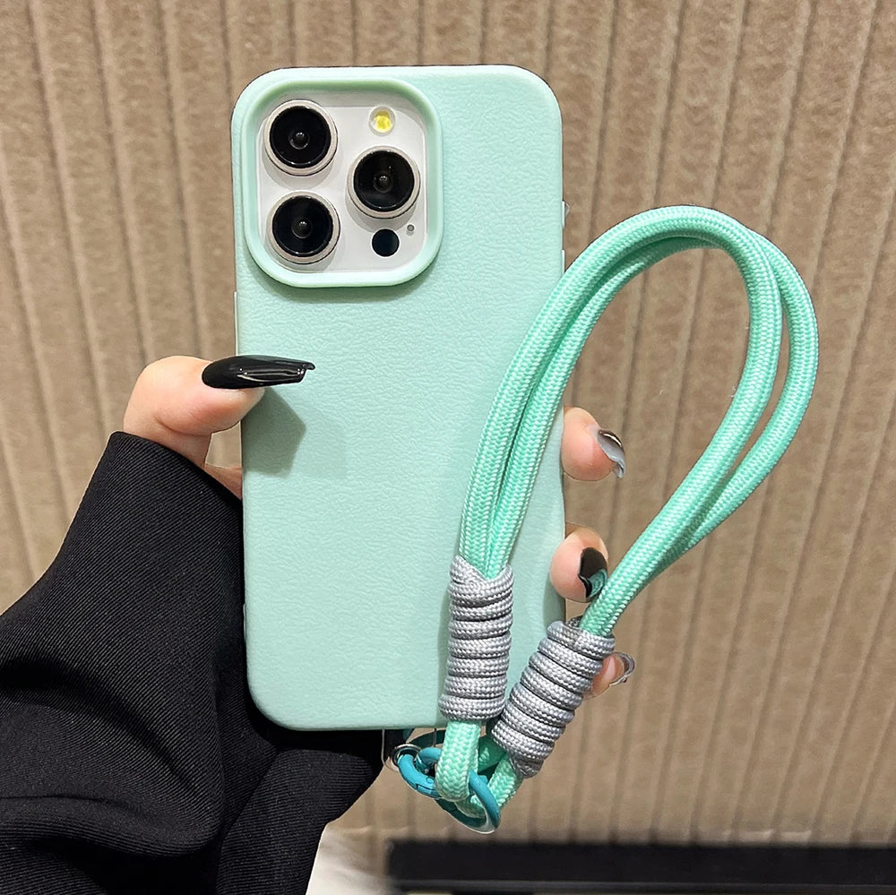 Lanyard Strap Rope Silicone Phone Case For iPhone 13 17 11 15 12 14 16 Pro Max Soft Candy Color Lichee Pattern Leather Cover