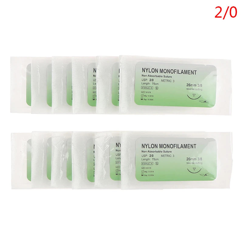 12Pcs 2/0 3/0 4/0 5/0 Medical Needle Suture Nylon Monofilament Thread Suture Practice Kit Teaching Demonstrations Exercises
