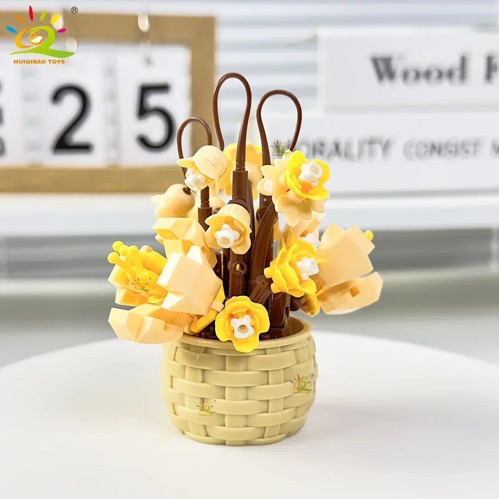 HUIQIBAO MOC Bouquet Potted Plant Micro Building Blocks Eternal Flower Model DIY Home Desk Decoration Brick Toy For Children
