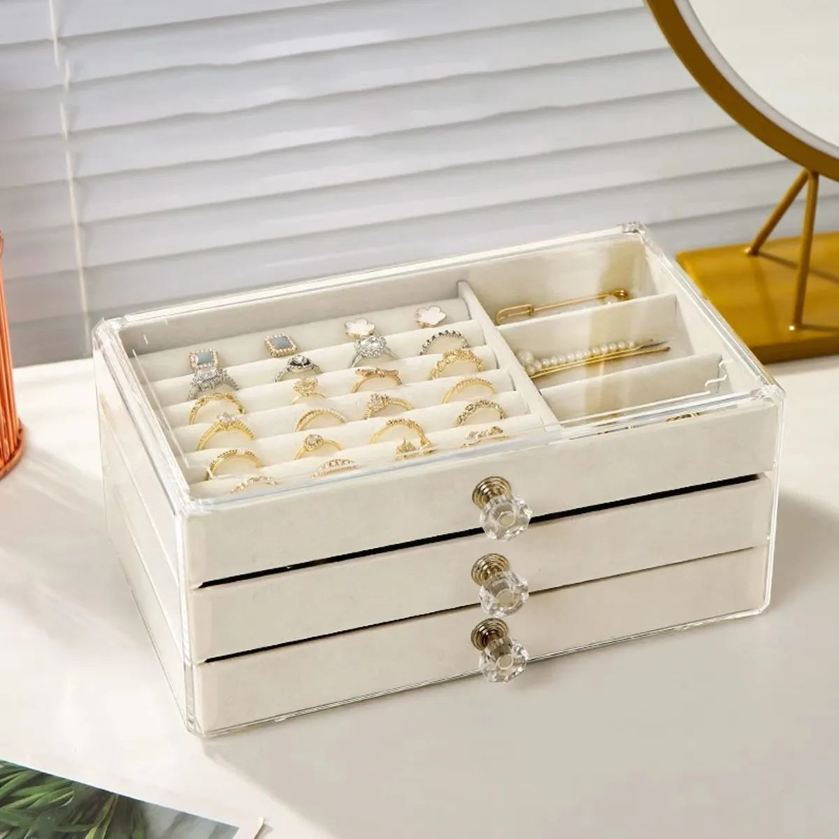 3 Layers Stackable Drawer Jewelry Box Beige Gray Earring Ring Necklace Bracelet Storage Organizer