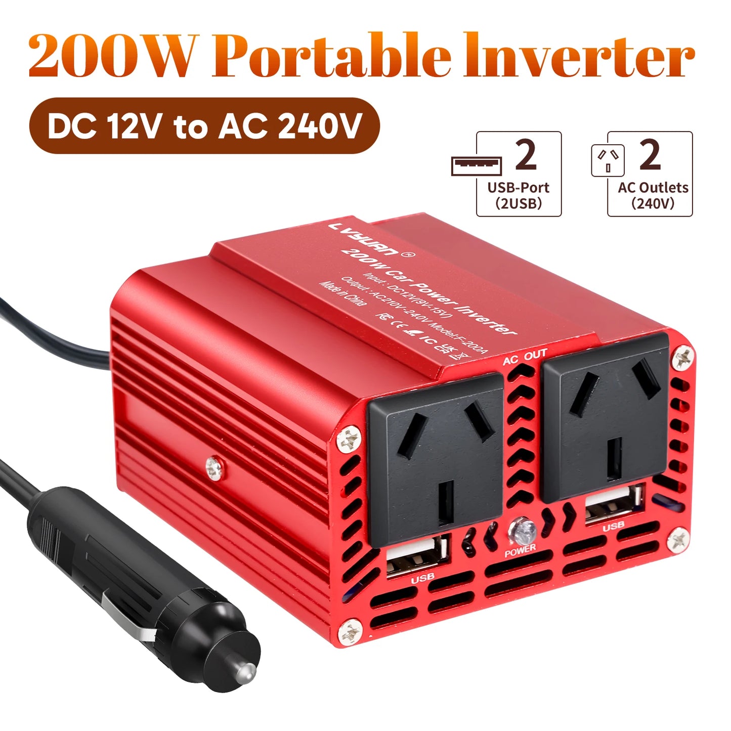 Car Inverter 300W 200W Portable 12V 220V 240V converter For Car Cigarette Lighters Fast Charging USB Output for Phone/PC/Camera