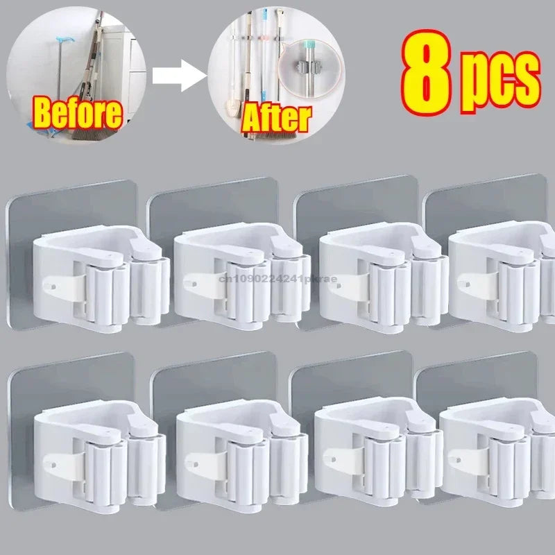 Household Bathroom Non Perforated Mop Holder, Broom Holder, and Card Holder Self-adhesive Mop Holder Kitchen Accessories