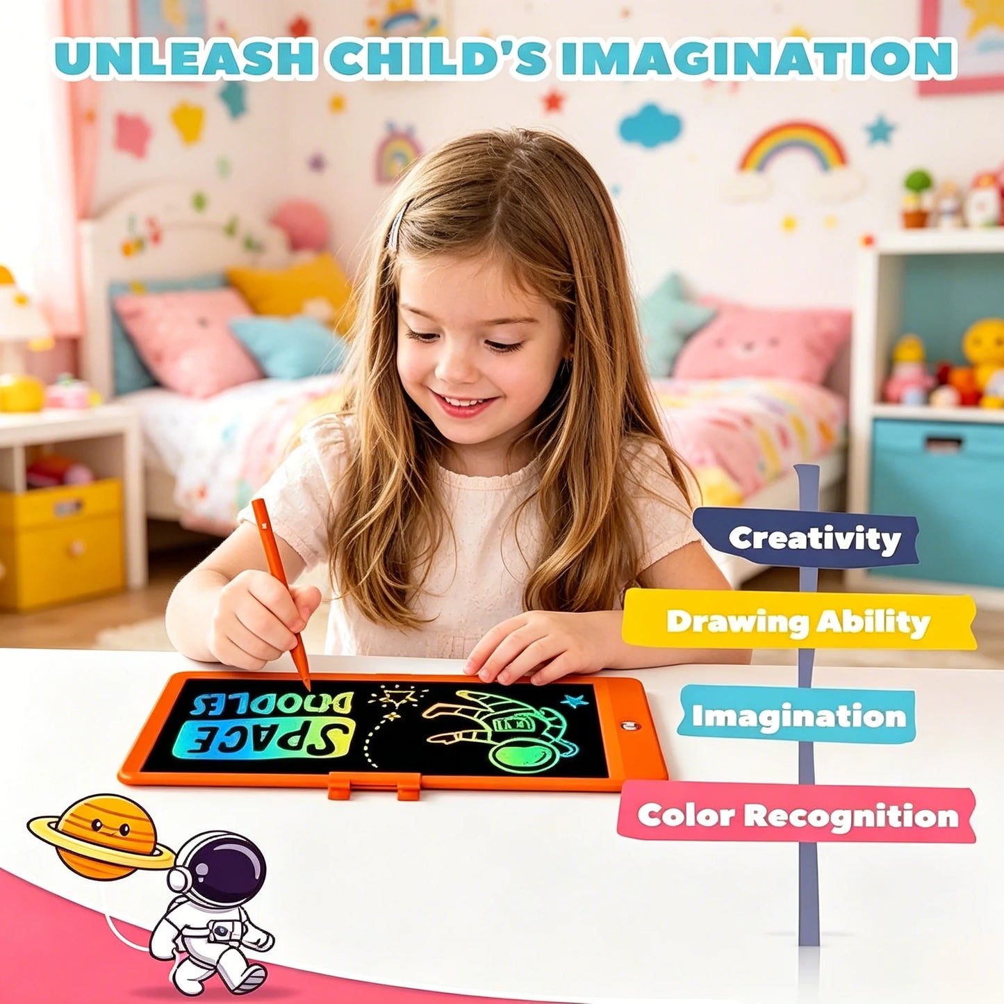 Kids 10" LCD Drawing Tablet, Color Doodle Board, Reusable Erasable Writing Pad, Educational Toy for Boys & Girls Aged 3-8, Orange
