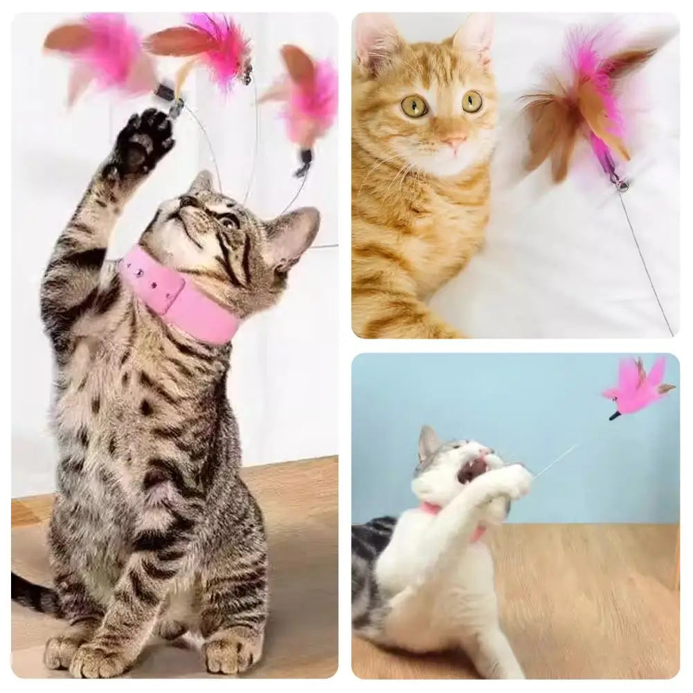 Interactive Cat Collar Toy Teasing Wand with Colorful Feathers and Bell Adjustable Design Self Playing Toy Pet Cat Teaser Wand