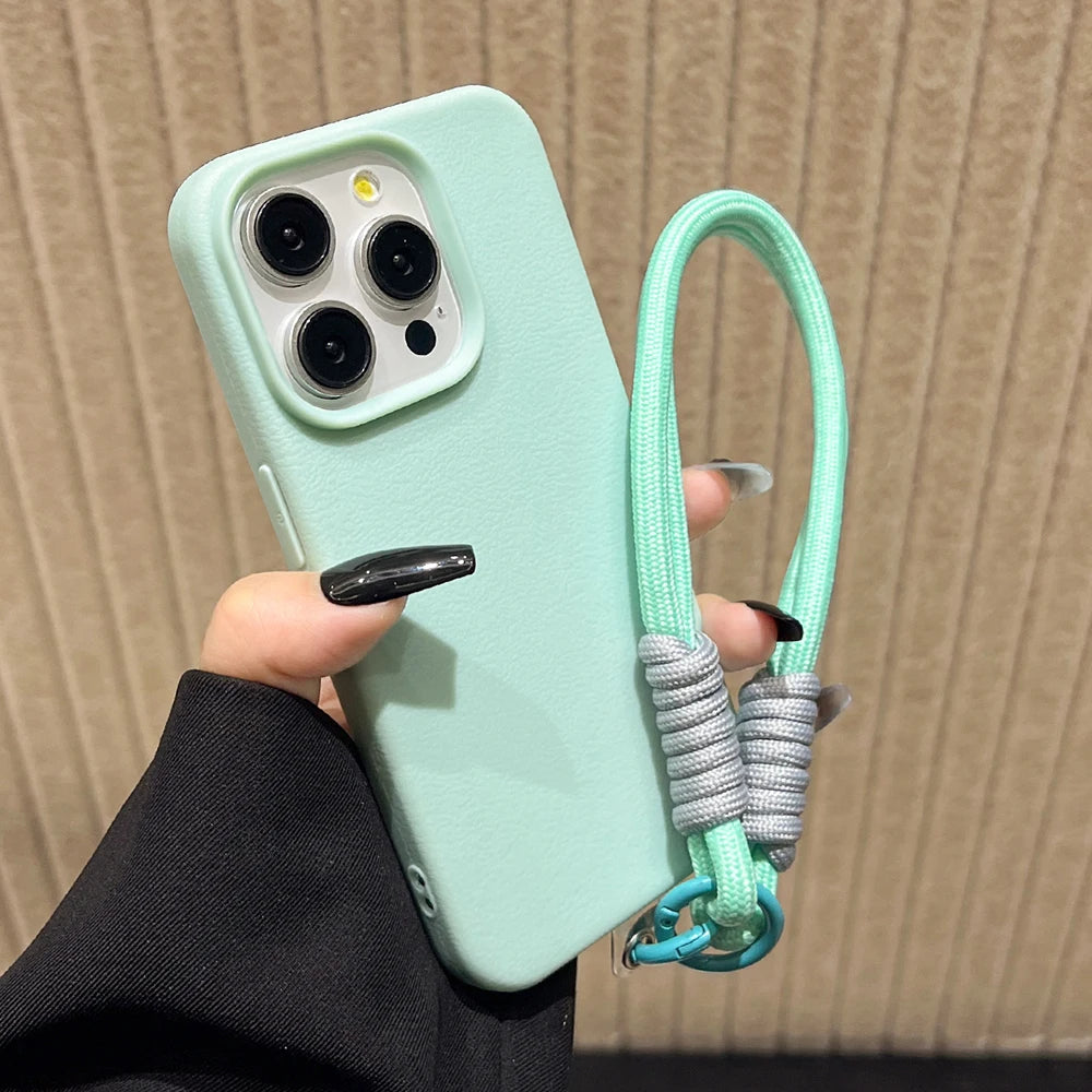 Lanyard Strap Rope Silicone Phone Case For iPhone 13 17 11 15 12 14 16 Pro Max Soft Candy Color Lichee Pattern Leather Cover