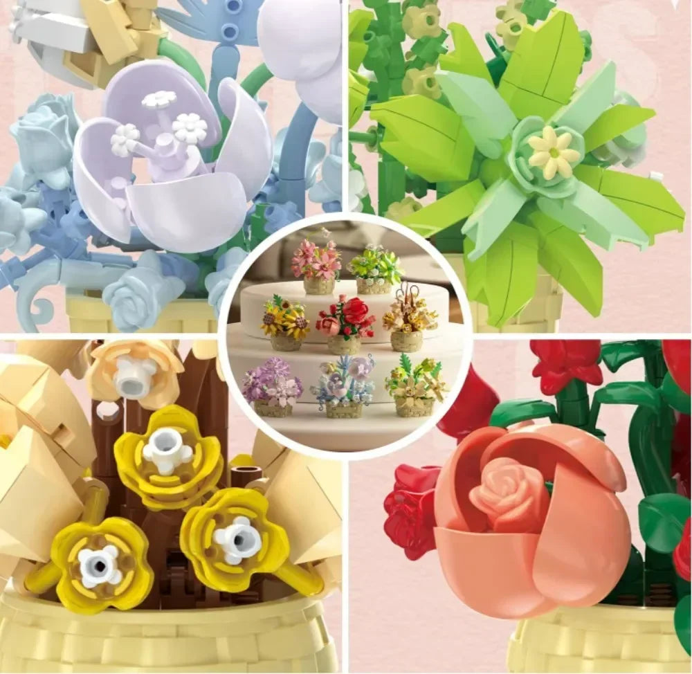 DIY Potted Plant Building Blocks Set - Rose Sunflower Succulents Bonsai Tree Romantic Garden Kids Model Bricks Toy Kit
