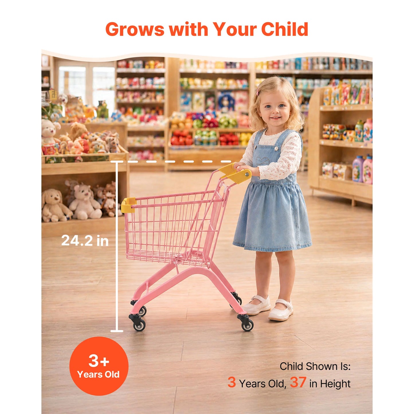 SucceBuy Shopping Cart Toy with Wheels Grocery Store Pretend Play Foldable Shopping Cart Trolley for Kids Early Education Toys