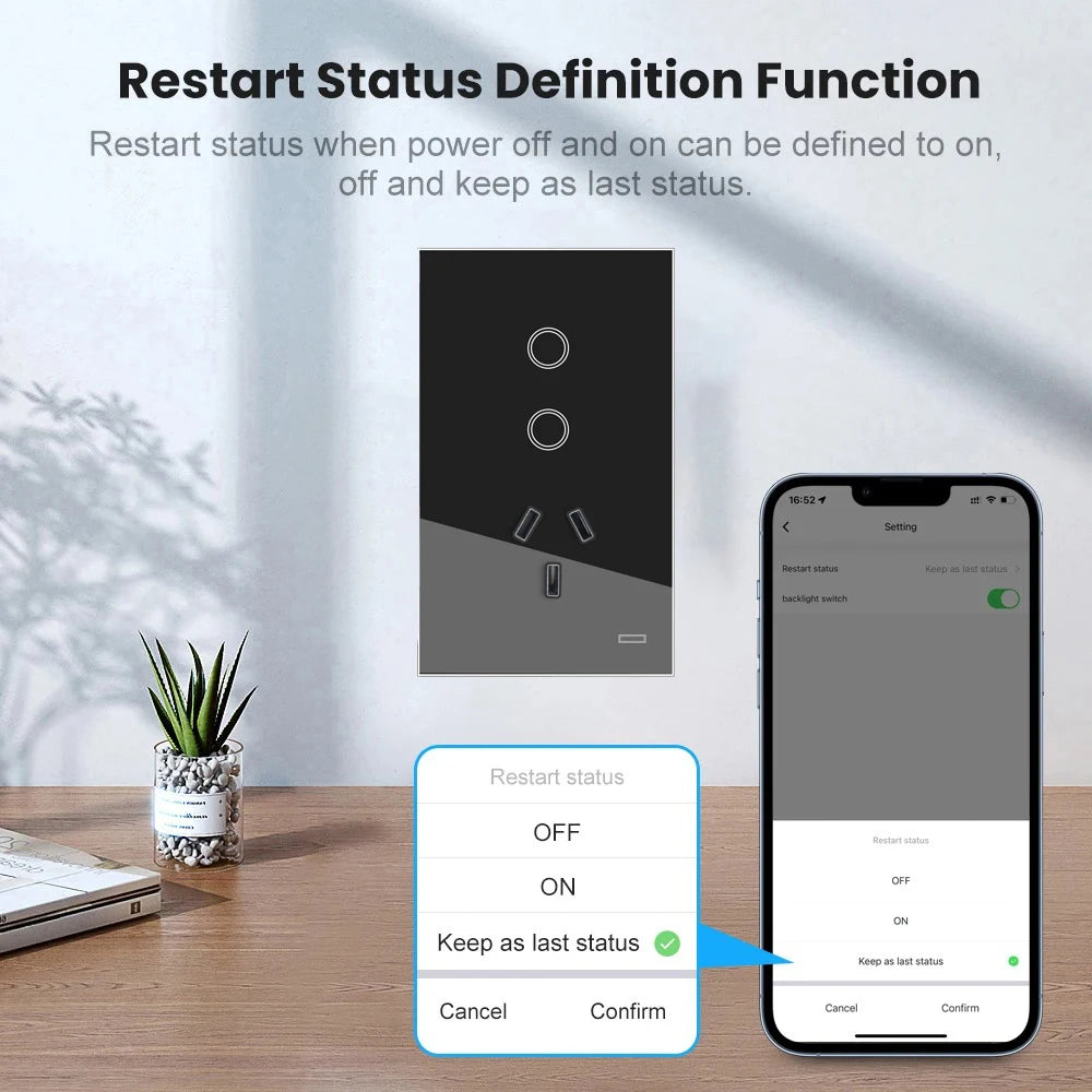 Melery AU Smart Tuya WiFi Light Switch Argentina Plug Australia Outlet Touch Glass Wall Socket Remote by Alexa & Google Home