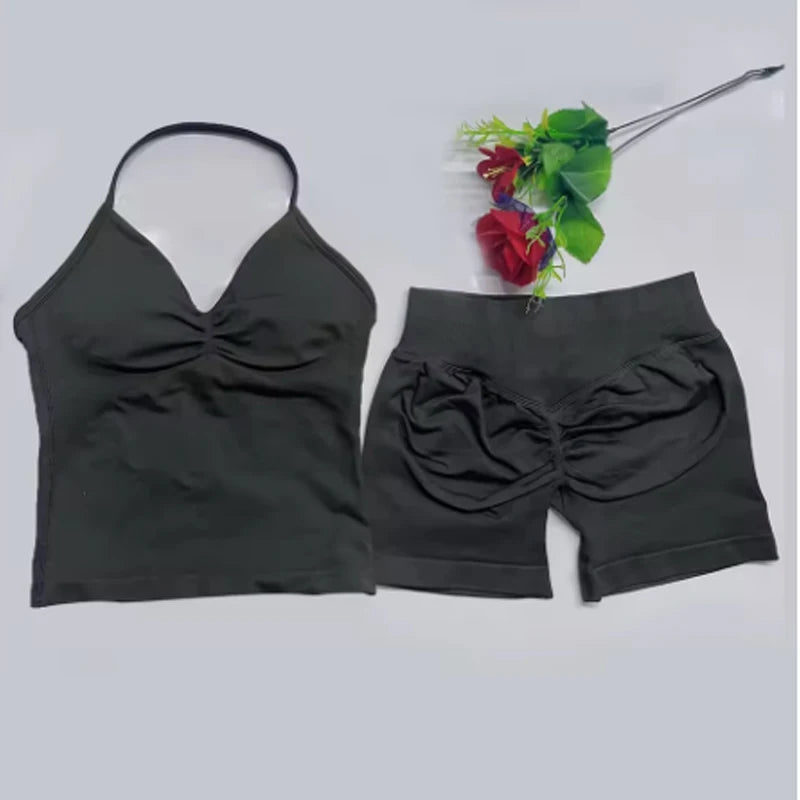 Cavendi 2 Pieces impact gym Halter top seamless shorts Women Yoga outfits Sportswear Sports Suits Fitness Top Gym set