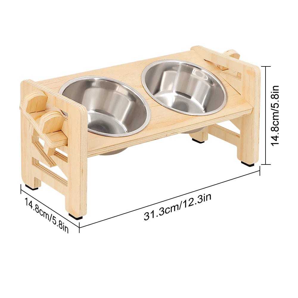Adjustable Wooden Raised Dog Bowl Stand With 2 Stainless Steel Bowls For Small Dogs and Cats Sturdy Wooden Pet Food Feeder