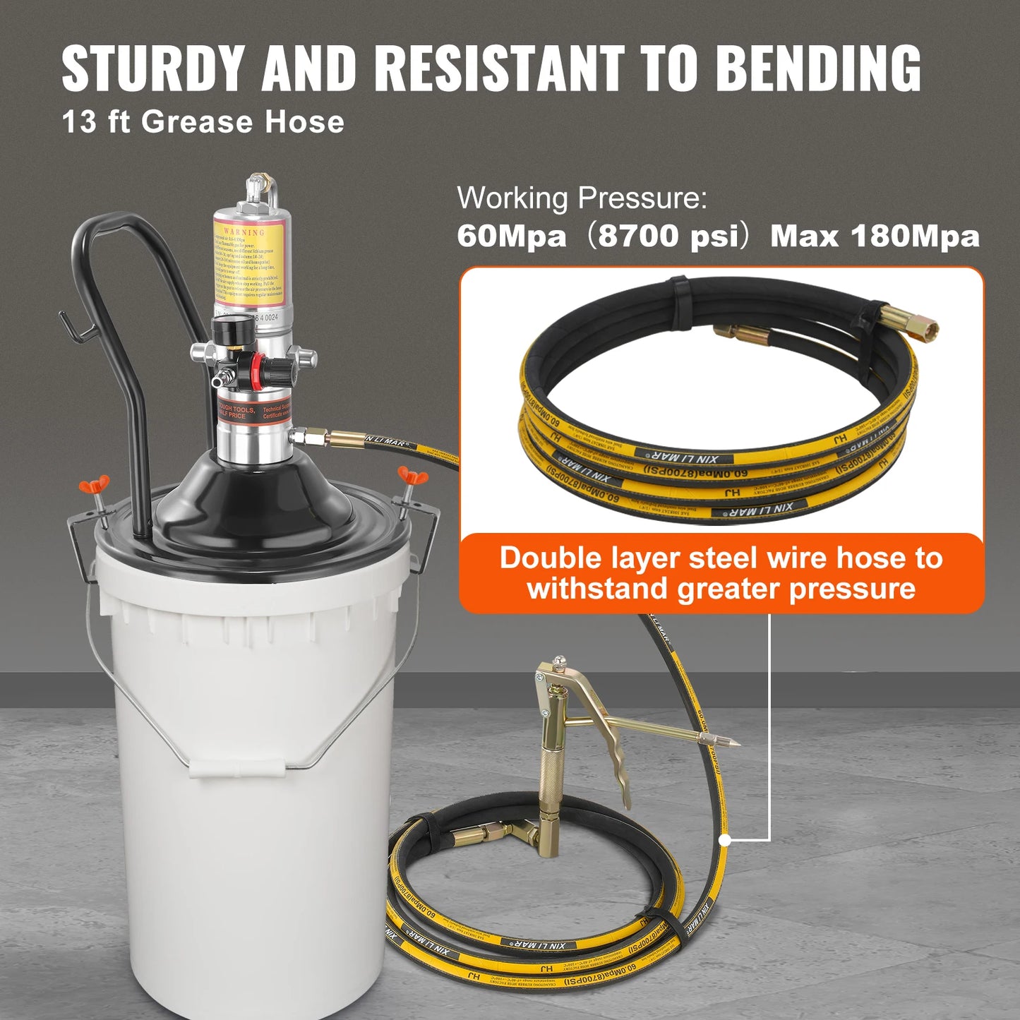 SucceBuy Grease Pump 50:1 Pressure Ratio Air Operated with 13 ft Hose Barrel Cap and Lubrication 360° Grease Gun Head for Cars