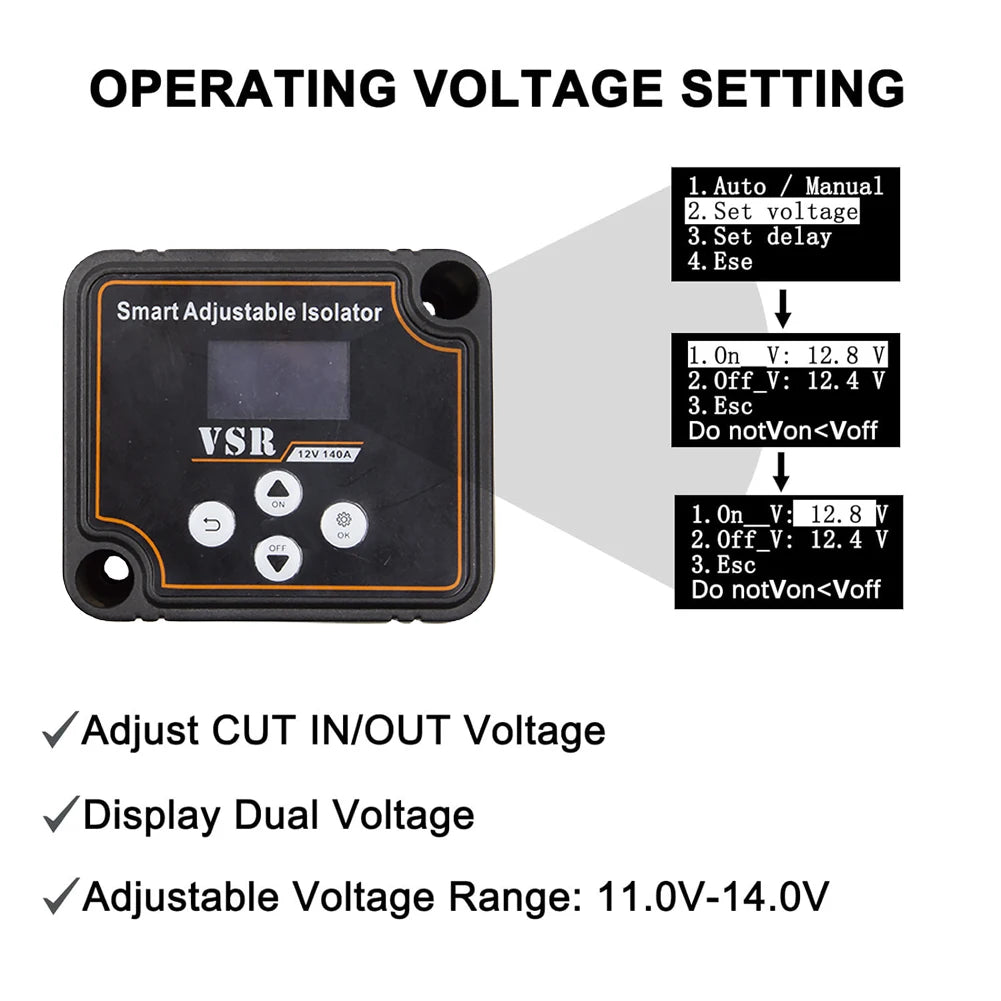 12V 140A Adjustable Dual Battery Isolator Split Charge Voltage Sensitive Relay Voltage Setting Smart Dual Battery Smart Isolator