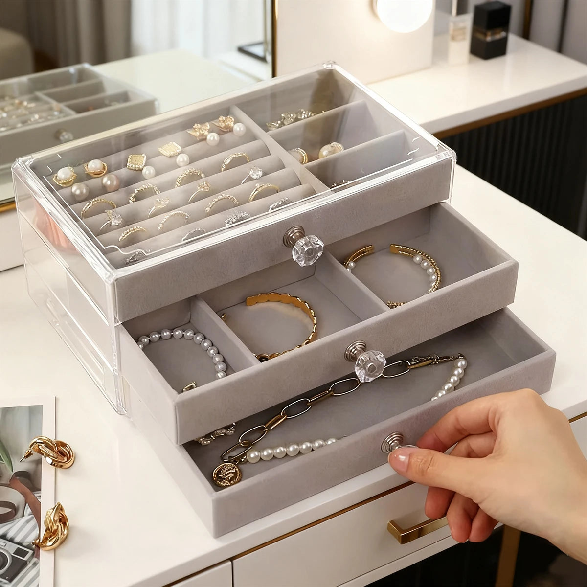 3 Layers Stackable Drawer Jewelry Box Beige Gray Earring Ring Necklace Bracelet Storage Organizer