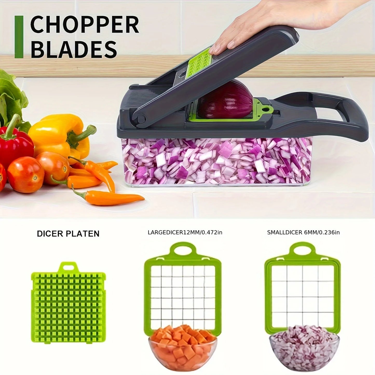 16-in-1 Vegetable Chopper - Manual Food Slicer with Container & Drain Basket for Onion, Carrot & Garlic