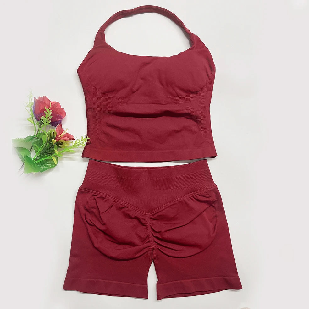 Yoga Outfit DFNNYE Two Pieces Gym Set Women DF Impact Yoga Outfits Backless Halter Top Shorts Fitness Clothes Workout Sets