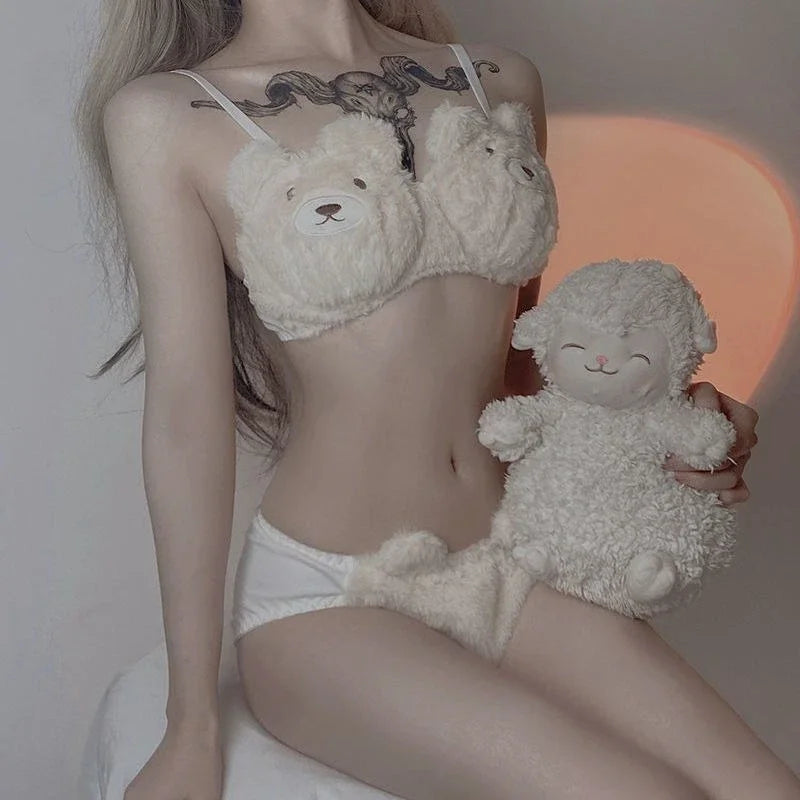 Women's Comfortable Winter and Autumn Plush Bear-shaped Bra Set, Cute Cartoon-style Soft and Warm Small-breasted Gathering Bra