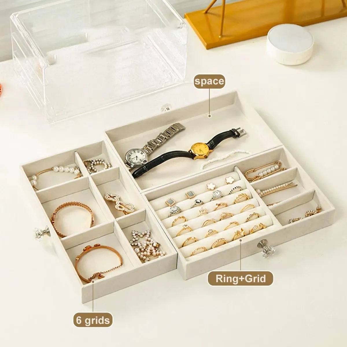 3 Layers Stackable Drawer Jewelry Box Beige Gray Earring Ring Necklace Bracelet Storage Organizer
