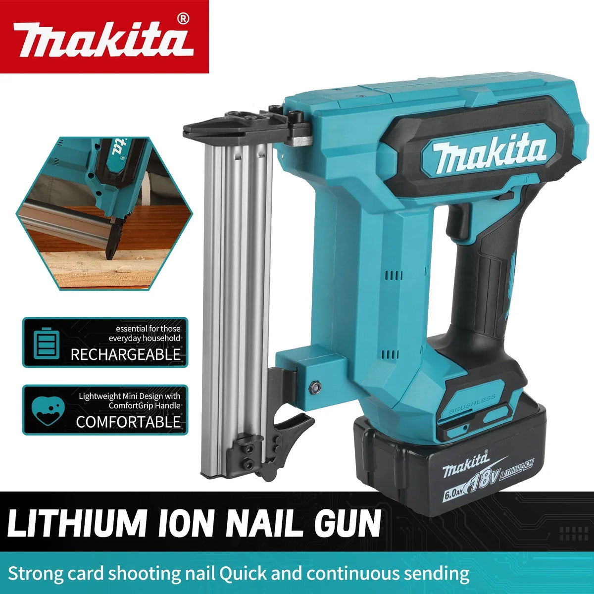 NEW Makita F30 18VCordless Nail Gun,Powered by 6.0Ah Lithium Battery,100 Nail Capacity,For Flooring Shelving & DIY Wood Projects