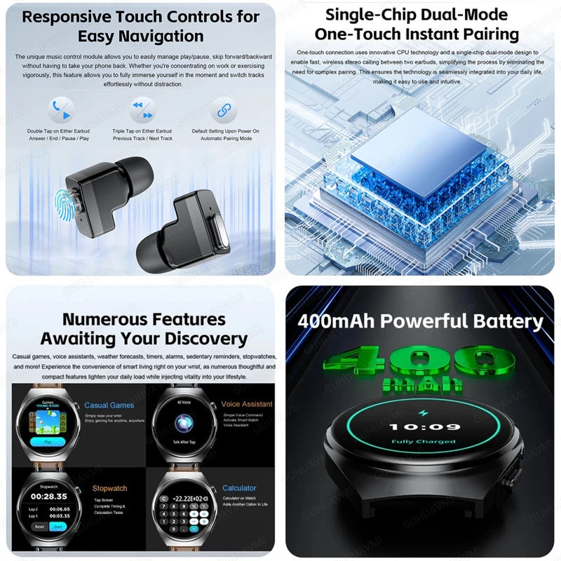 2026 New Man Smart Watch TWS Headset Two In One Wireless Bluetooth Dual Earbuds Call Health Monitor Sport Tracker NFC Smartwatch