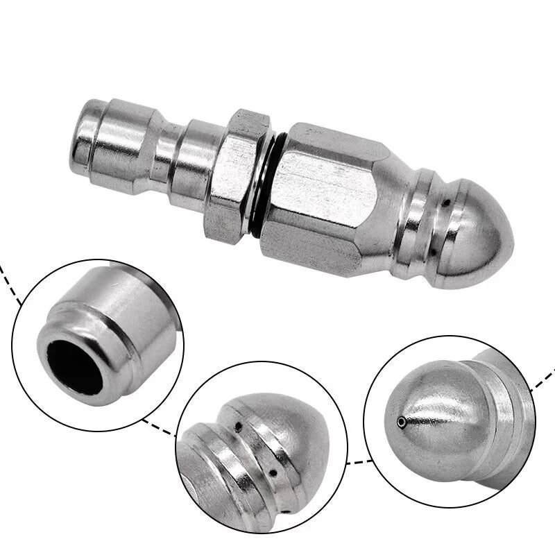 Sewer Cleaning Tool Sewer Jetter Nozzle Stainless Steel Pressure Washer Drain Jetter Hose Nozzle, with 1/4" Quick Connector