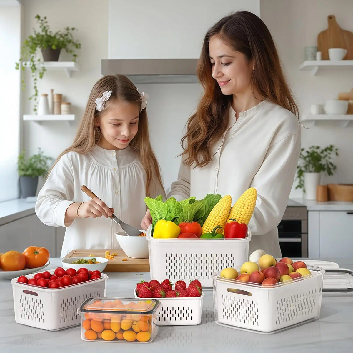 Fruit Storage Containers for Fridge Produce Containers with Removable Fruit Washing Bowl with Strainer for Salad Berry Lettuce