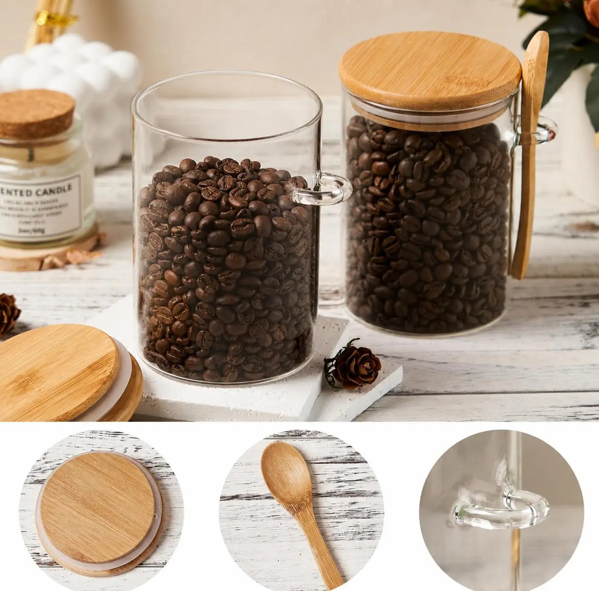 Coffee Sugar Container Salt 1/2/3/4pcs Airtight Glass Jars with Bamboo Lids and Spoons 18oz Glass Bulk Food Storage Jar