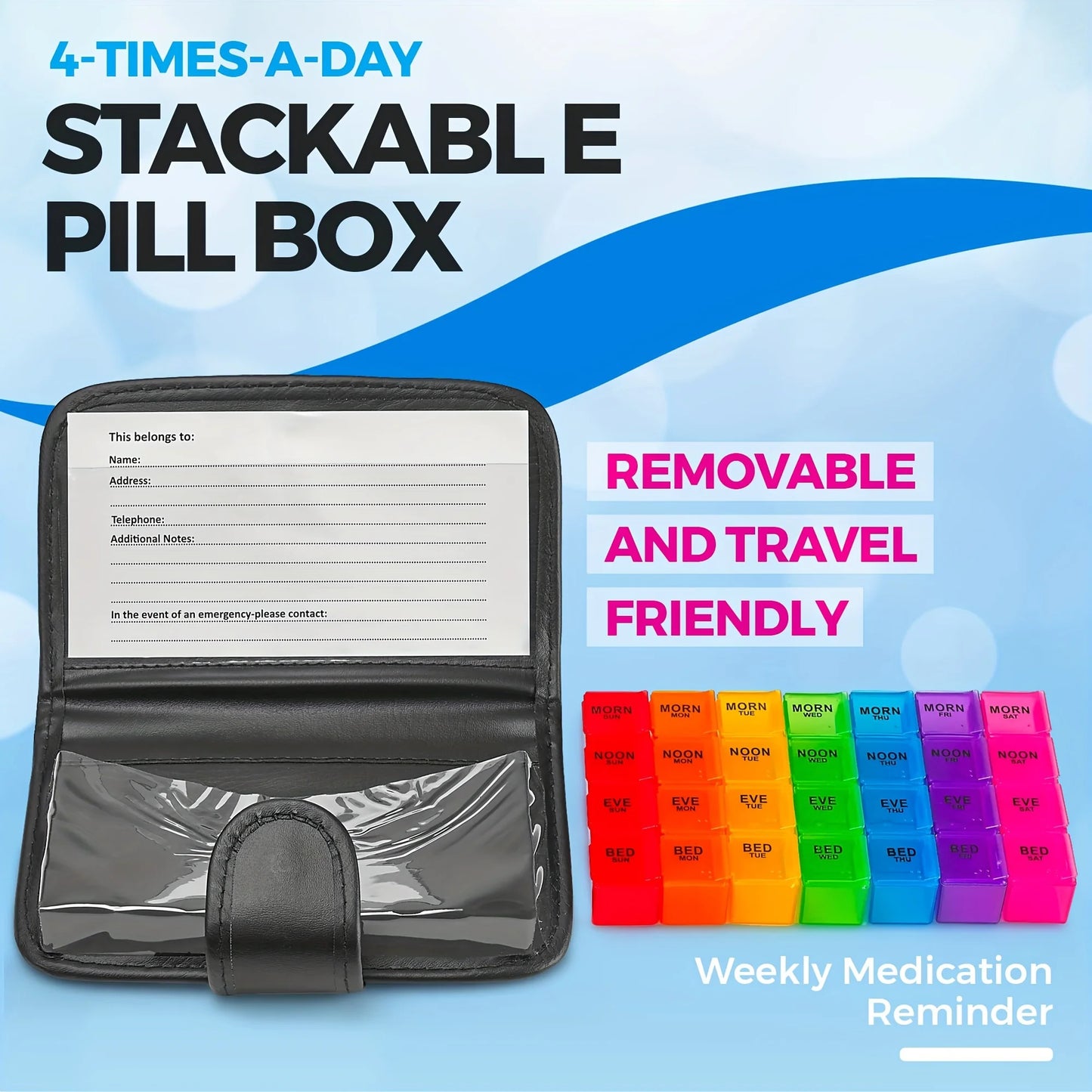 7day Pill Box 28 Compartments Multi-Coloured Weekly Case with PU Wallet for Vitamins Fish Oils Tablet Medicine Storage Organizer