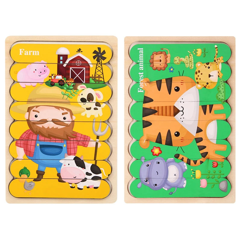 Montessori Baby Wooden Puzzle Toys Kids Educational Game 3D Cartoon Animal Jigsaw Puzzle Toys Activity Board for Child 2 3 Years