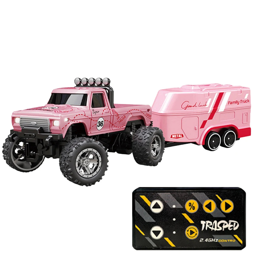 Mini Off-Road Climbing Car with Lights & Trailer All Terrain Off-Road Truck Toy 1:64 Scale 2.4Ghz Remote Control for Kids Gifts
