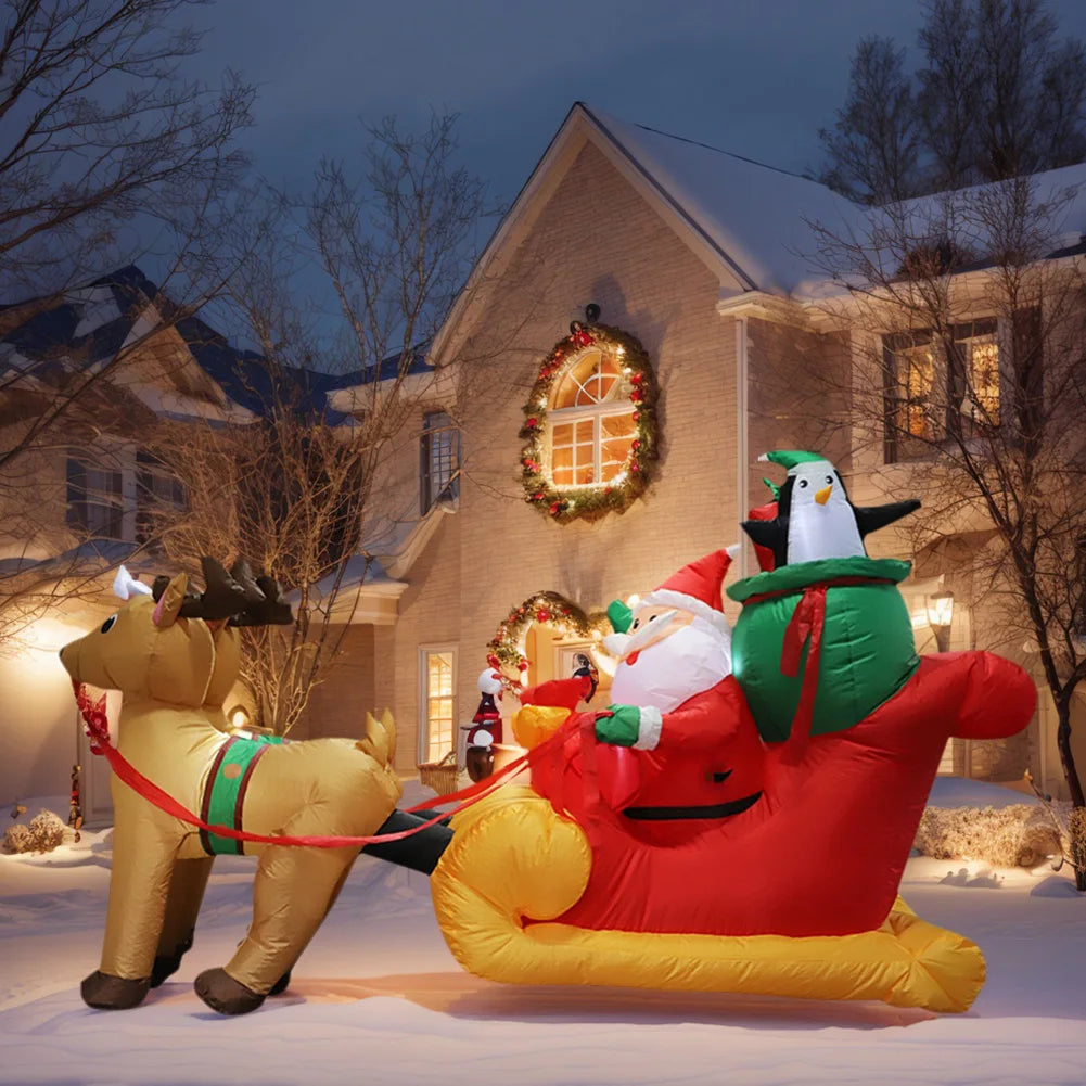 2.2m Xmas Holiday Inflatable Yard Decor Santa Sleigh with Reindeer LED Christmas Toy Home Decorations Supplies Ornament Gift