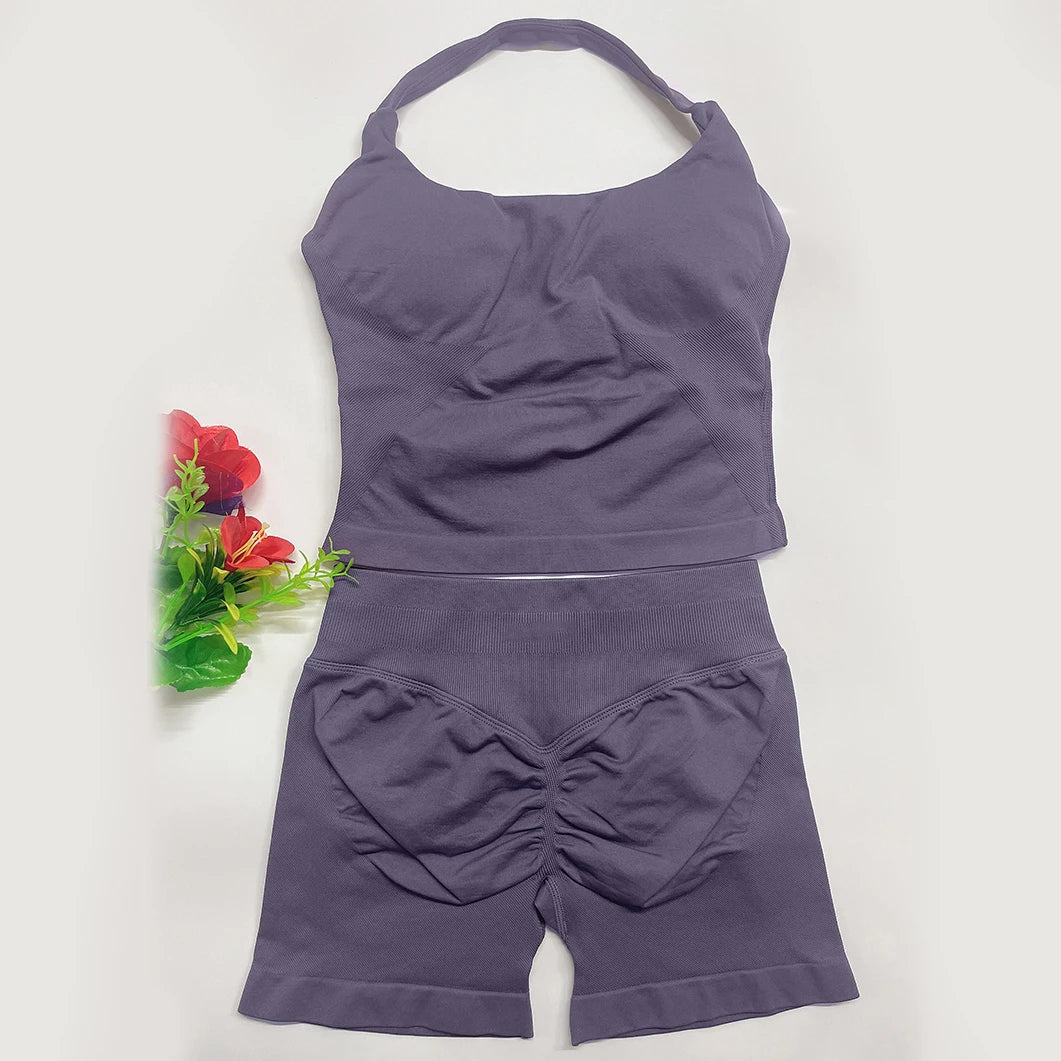 Yoga Outfit DFNNYE Two Pieces Gym Set Women DF Impact Yoga Outfits Backless Halter Top Shorts Fitness Clothes Workout Sets