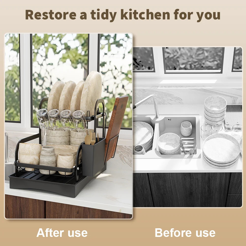 2 Tier Dish Drainer Drying Rack with Cup Holder Cutlery Tray Kitchen Organiser