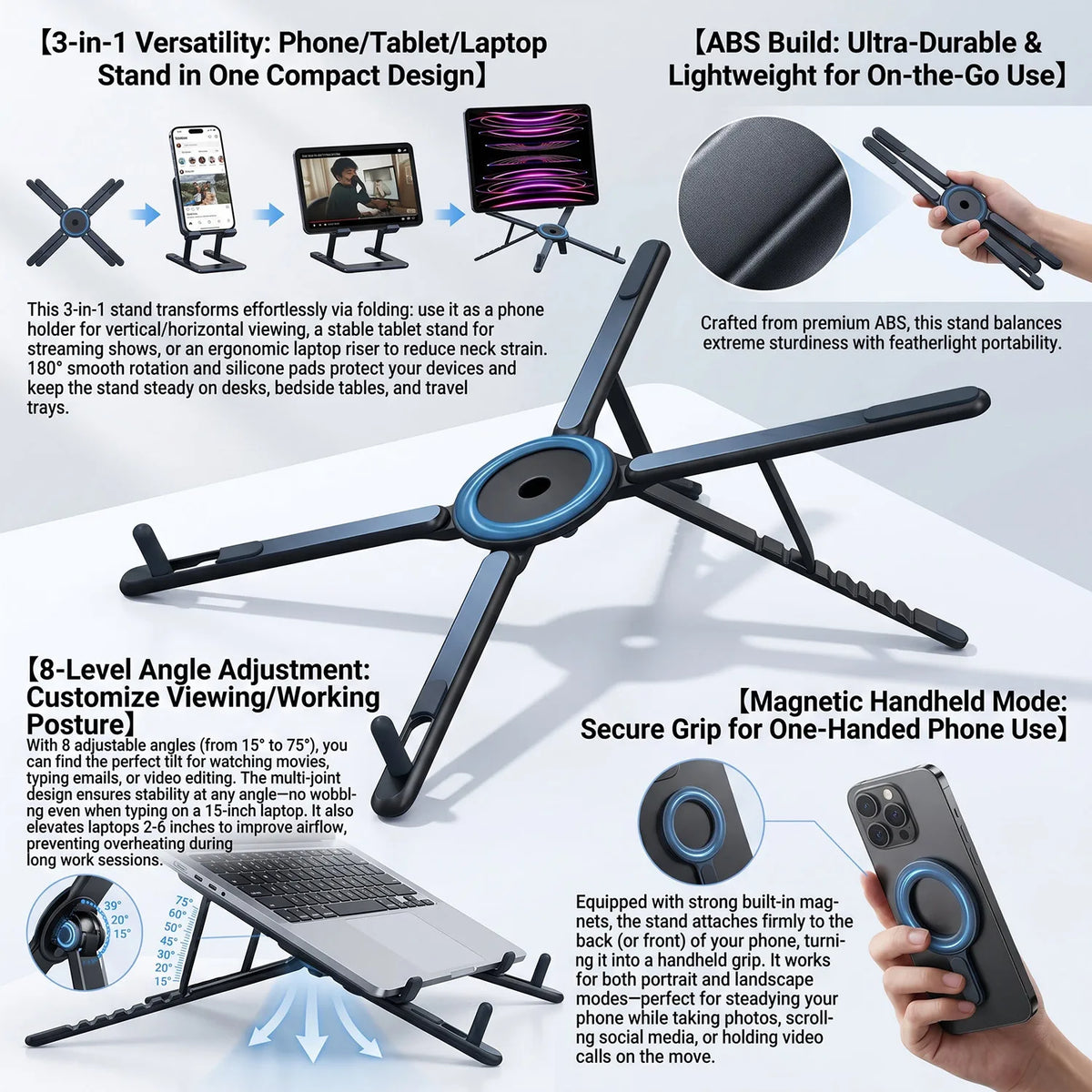 ABS Phone And Laptop Stand with Magnetic Base And 8-Position Height Adjustment, Suitable for Ipad And Mobile Phones