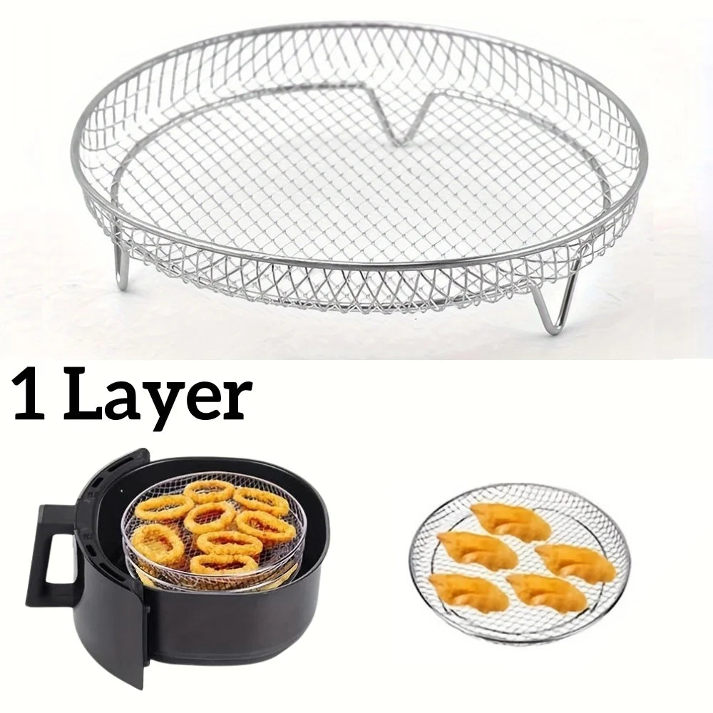 1/3Layer Stainless Steel Air Fryer Accessories Stackable BBQ Grill Rack Food Frying Basket Multipurpose for Baking Cooking Tool