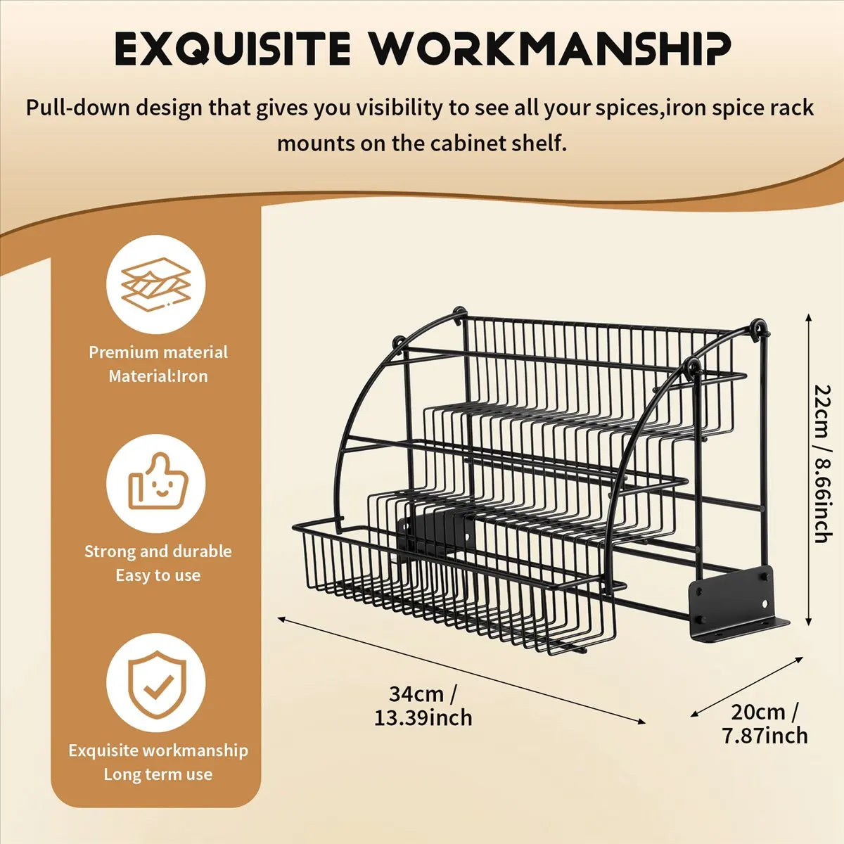 Metal 3-Tier Pull Down Spice Rack - Easy Reach Retractable Large Capacity Kitchen Storage Shelf Organizer for Cabinet A