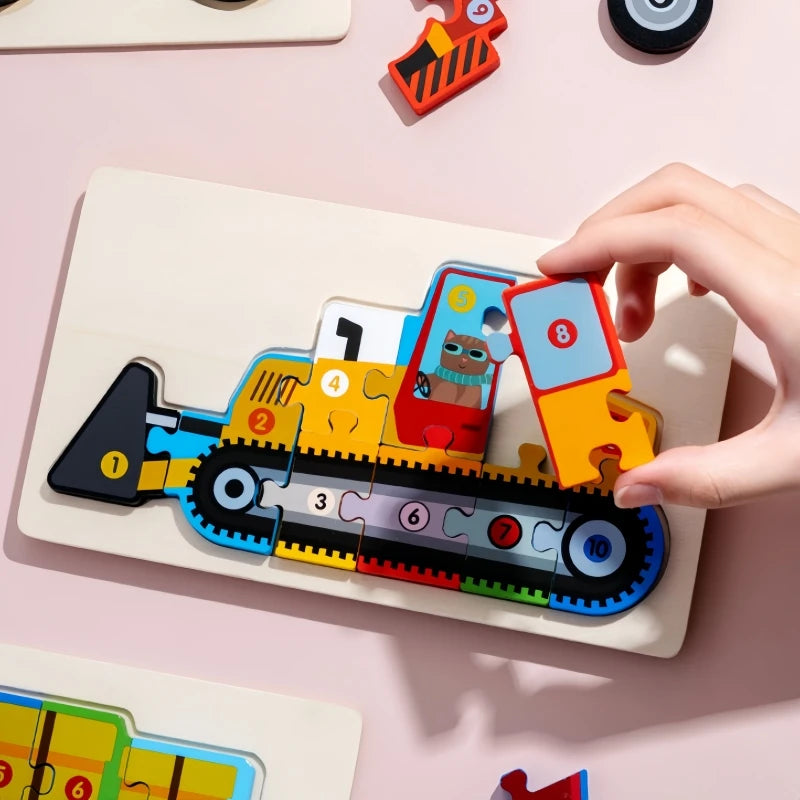Children Montessori Wooden Puzzle Baby 3D Engineering Vehicle Jigsaw Early Education Matching Cognitive Puzzles Toys for Kids