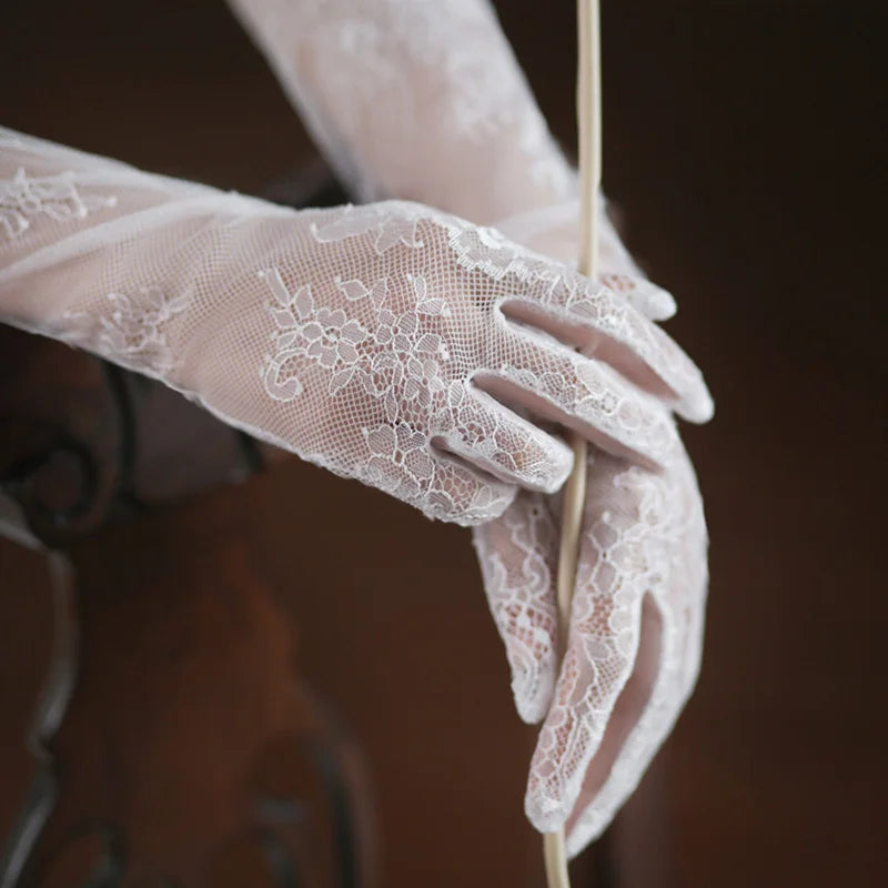 55cm Women Sexy Thin Lace Flower White Black Long Gloves Transparent Mesh Eyelash Tulle Bridal Wedding Party Dress Accessories