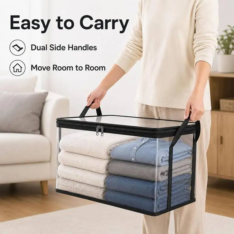 Foldable Storage Bins 3 Pack Large Clear Heavy Duty Boxes with Lids Collapsible Clothes Blanket Organizer for Closet Bedroom
