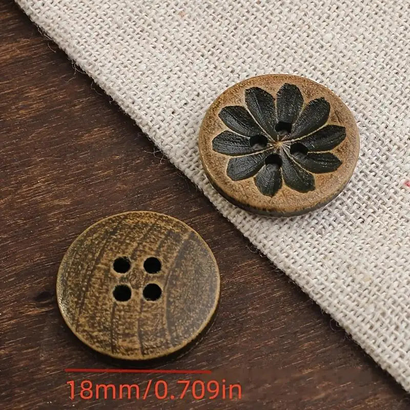 20pcs 18mm Vintage-Inspired Dark Brown Wooden Buttons with Intricate Carvings - Ideal for DIY Shirt Cardigan Sweater and Blazer