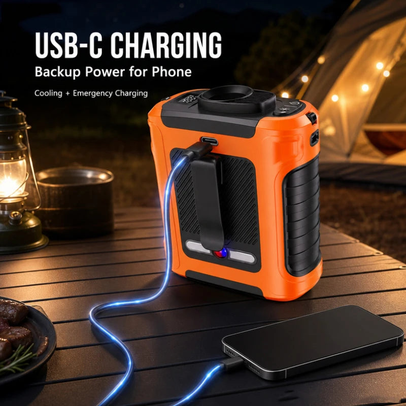 8000mAh Waist Fan Portable Handheld Hanging Neck Fan Ultra-Strong Wind with Phone Charging LED Light for Outdoor Working