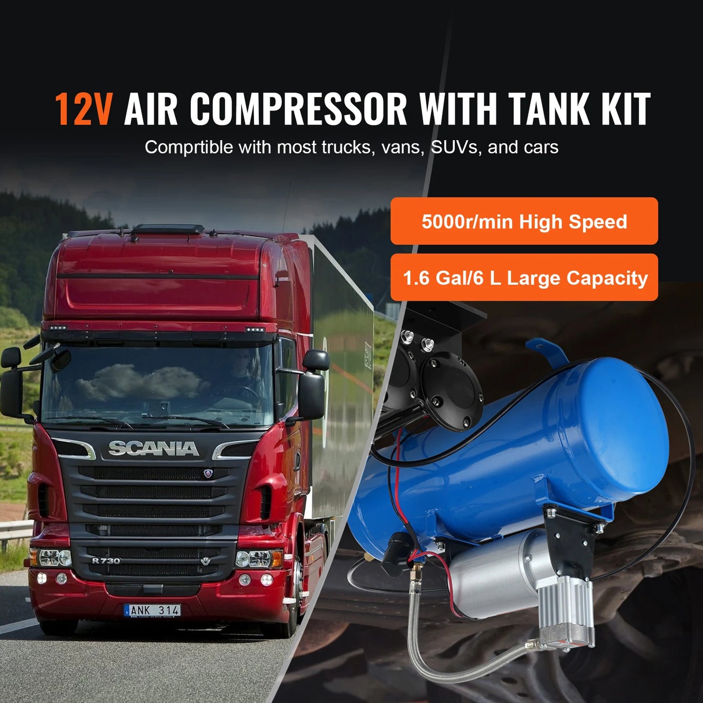SucceBuy 12 V Air Compressor with Tank 1.6 Gallon/6L 120 psi Onboard Air Compressor System for Train Air Horns Inflating Tires