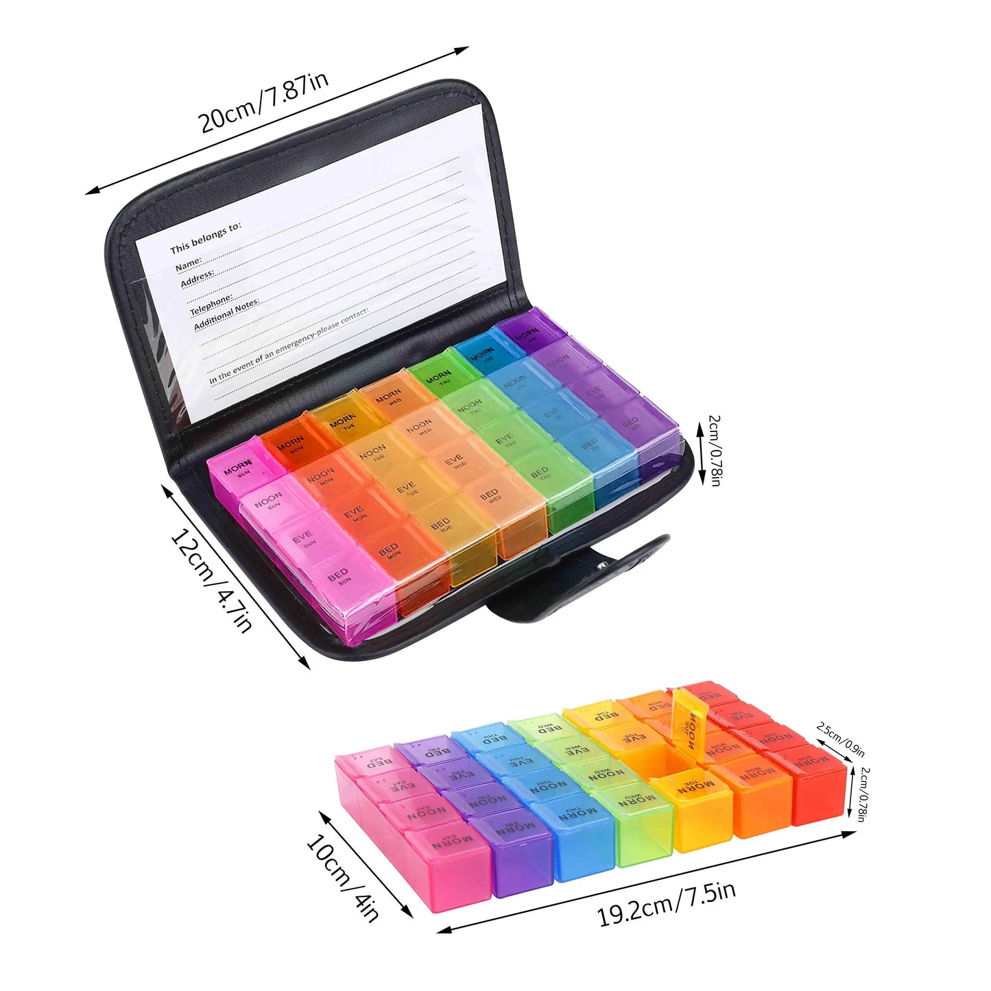 7day Pill Box 28 Compartments Multi-Coloured Weekly Case with PU Wallet for Vitamins Fish Oils Tablet Medicine Storage Organizer