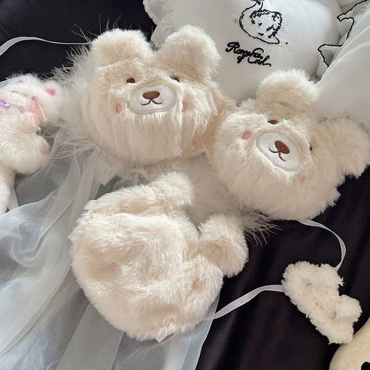 Women's Comfortable Winter and Autumn Plush Bear-shaped Bra Set, Cute Cartoon-style Soft and Warm Small-breasted Gathering Bra