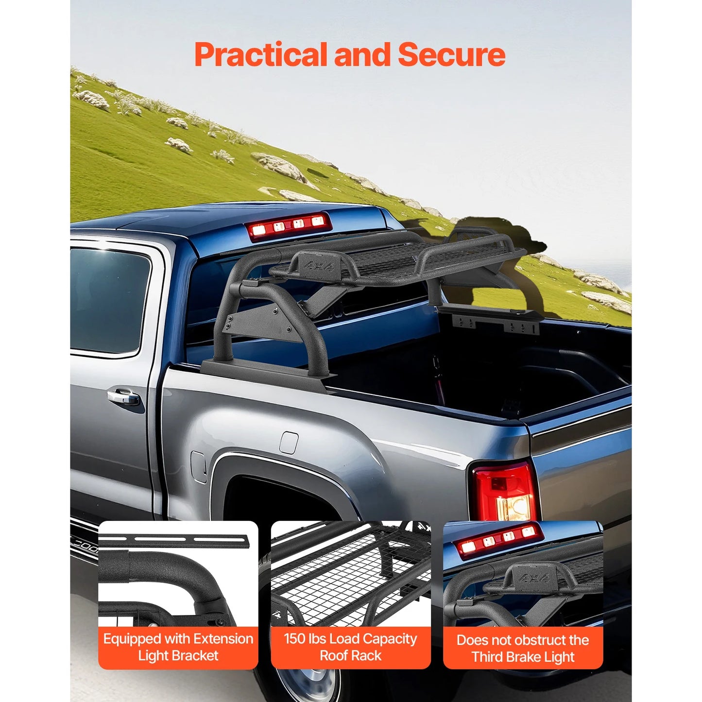 SucceBuy Truck Bed Roll Bar Universal Pickup Sport Adjustable Bar Chase Rack Compatible with Full/Mid-Size Trucks, Carbon Steel