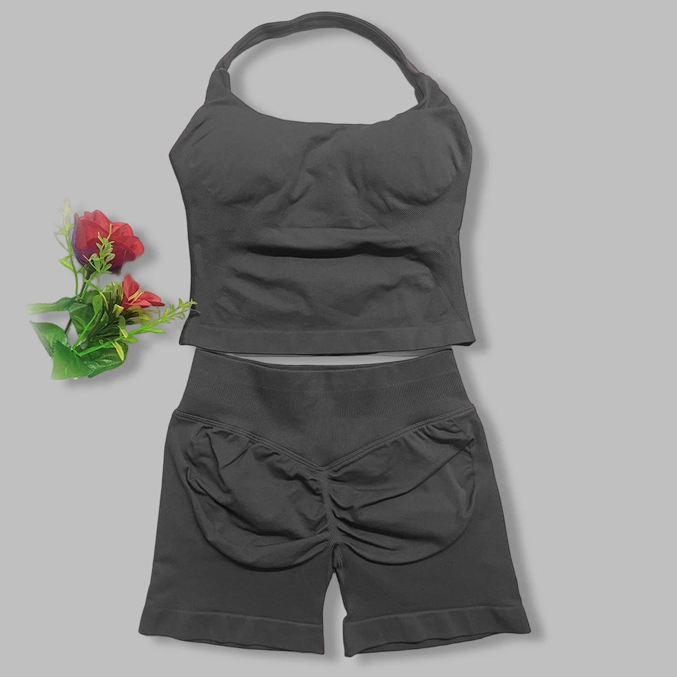 yoga outfits Women 2 pcs Sports DF Impact Set halterneck Backless Halter Top Seamless Scrunch Shorts Gym Workout Sports Suits